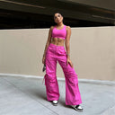 Cargo Trousers - High Waisted - Full Length - Pink
