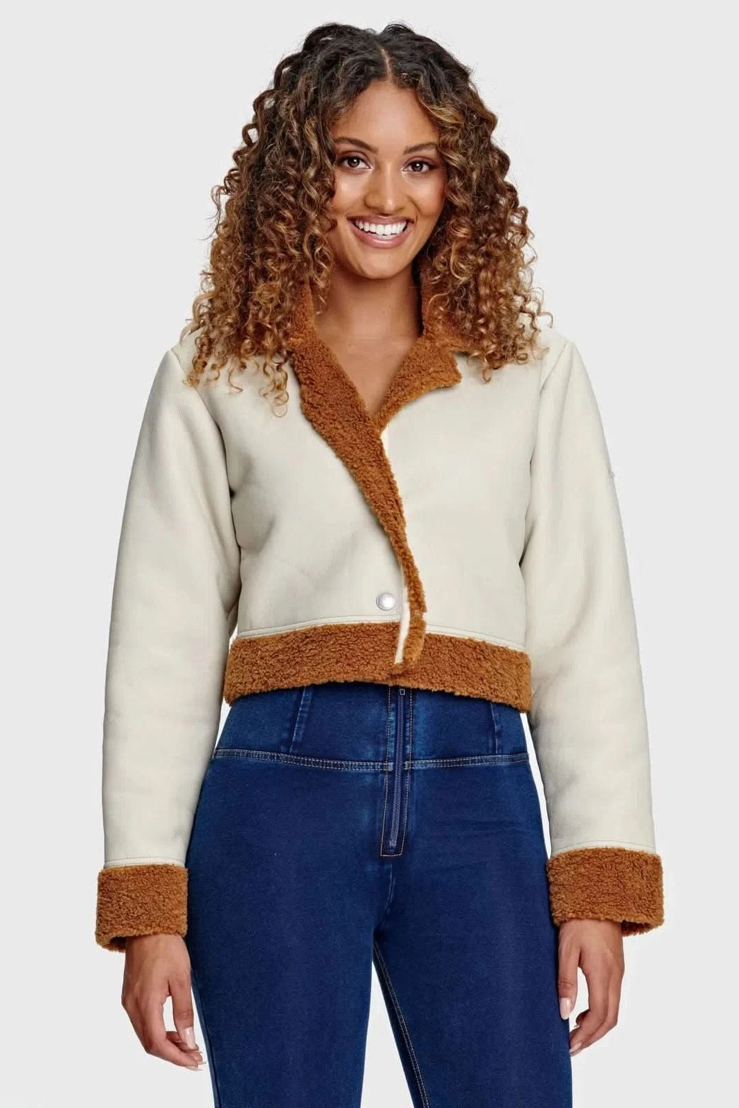 Cropped Faux Shearling Napa Jacket - Ivory Brown 1