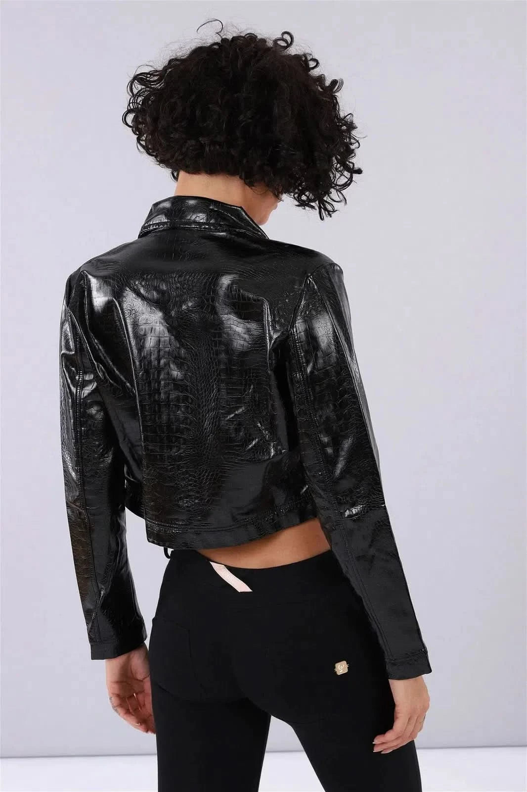 Cropped Patent Faux Leather Jacket - Black Crocodile Print 3