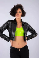 Cropped Patent Faux Leather Jacket - Black Crocodile Print