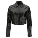Cropped Patent Faux Leather Jacket - Black Crocodile Print