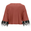 Cropped V Neck shirt with 3/4 sleeves and feather trim - Etruscan Red