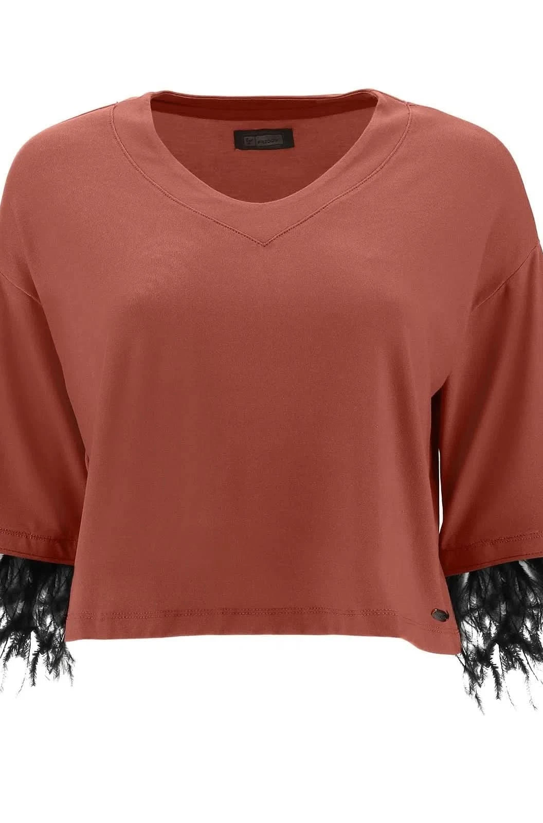 Cropped V Neck shirt with 3/4 sleeves and feather trim - Etruscan Red