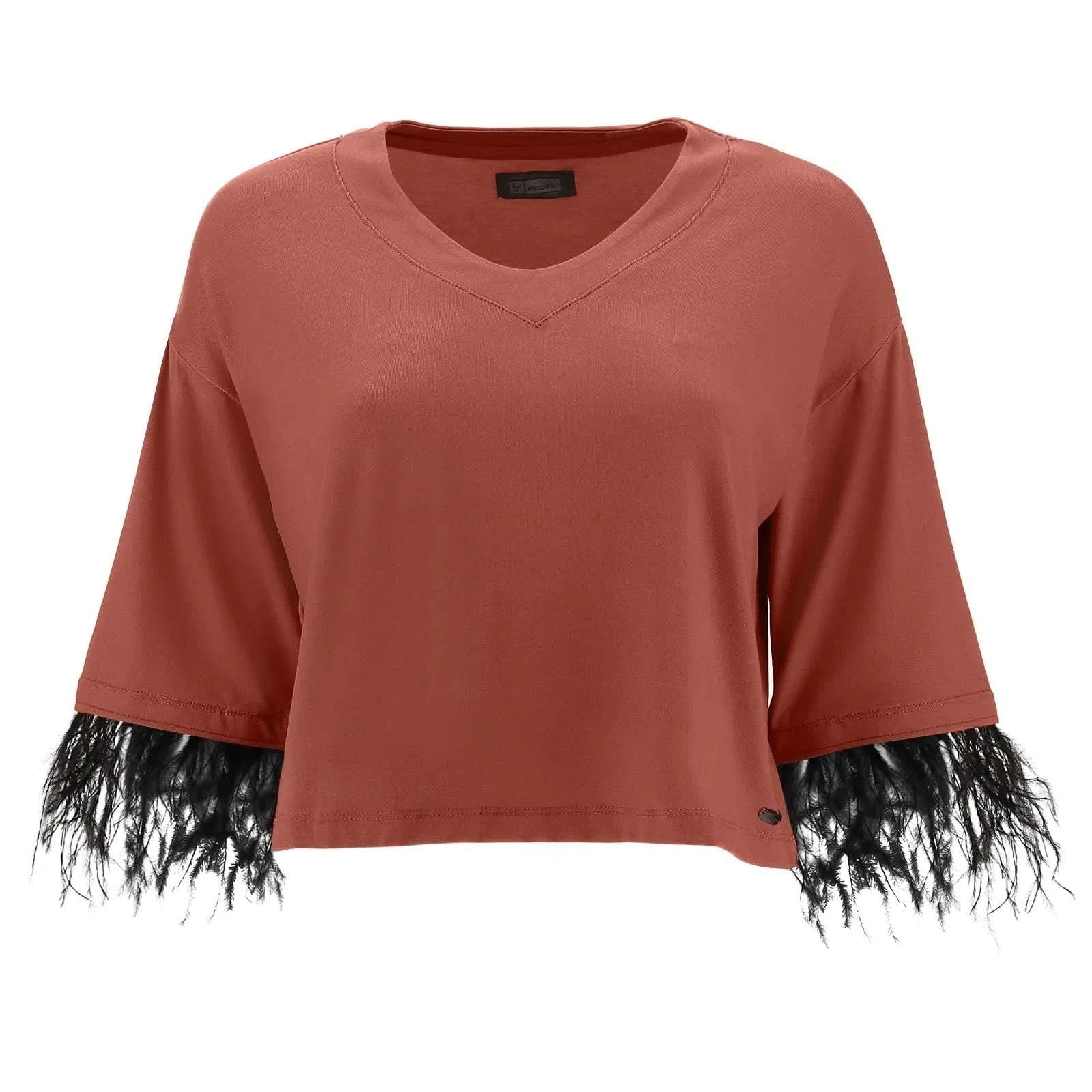 Cropped V Neck shirt 3 4 sleeves feather trim Etruscan