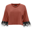 Cropped V Neck shirt with 3/4 sleeves and feather trim - Etruscan Red