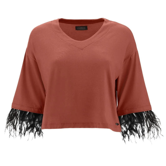 Cropped V Neck shirt with 3/4 sleeves and feather trim - Etruscan Red