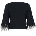 Cropped V Neck Shirt with feather trim - Black