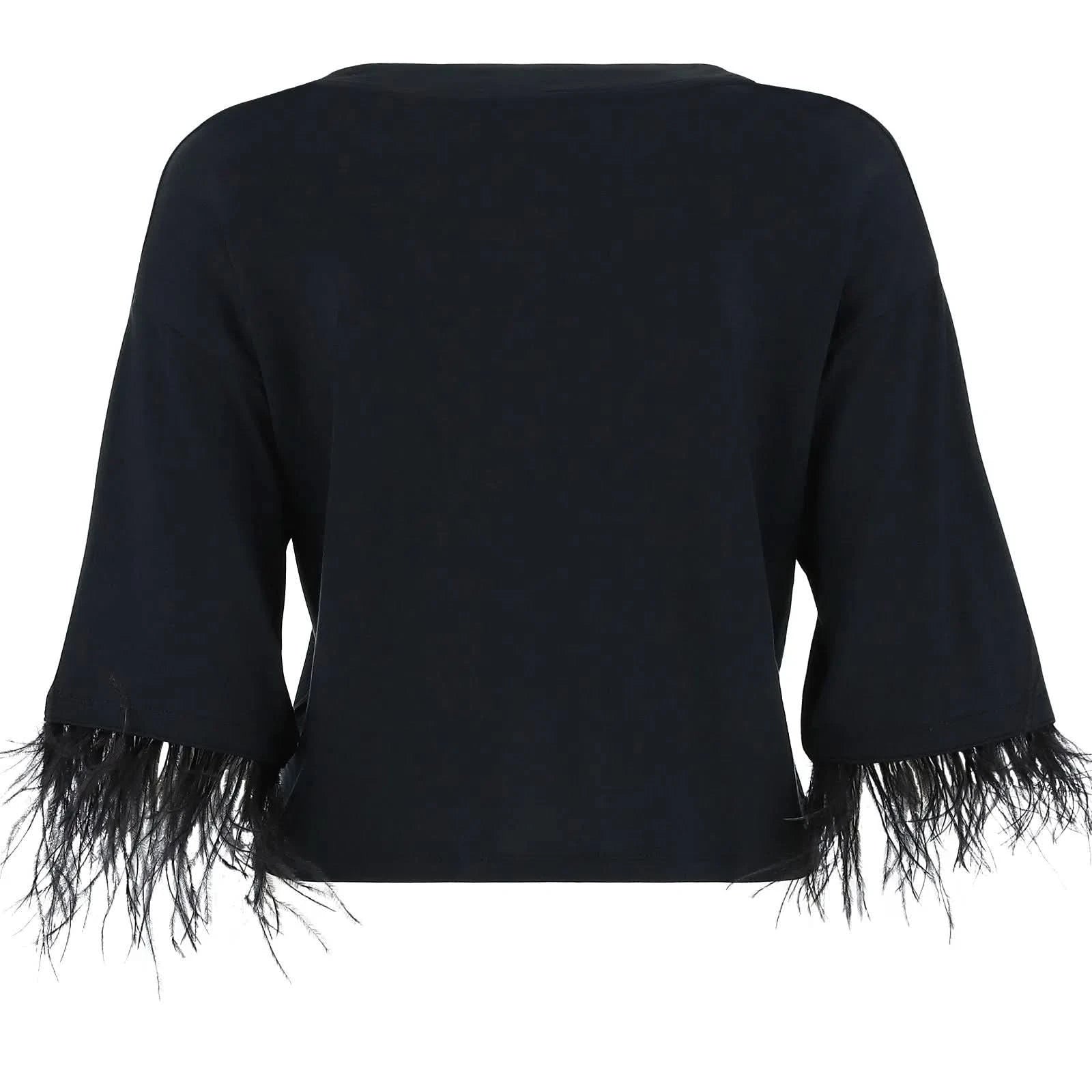 Cropped V Neck Shirt with feather trim - Black 2