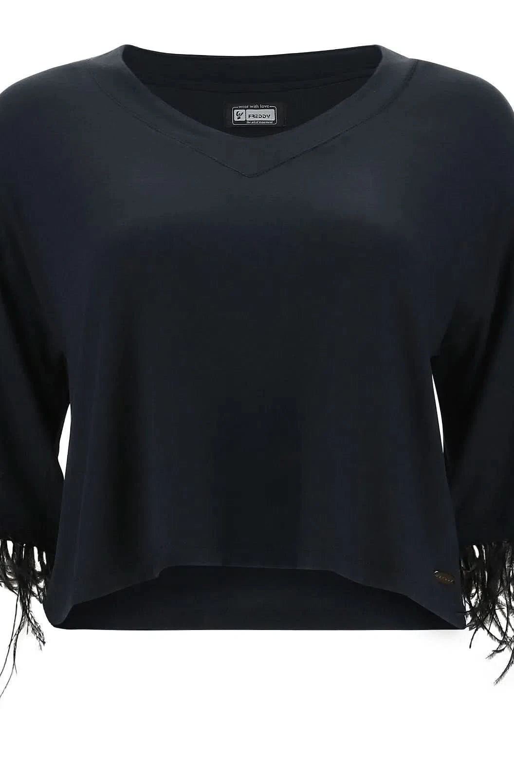 Cropped V Neck Shirt with feather trim - Black