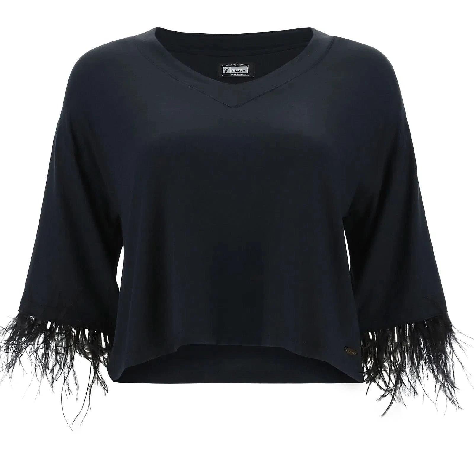 Cropped V Neck Shirt with feather trim - Black 1