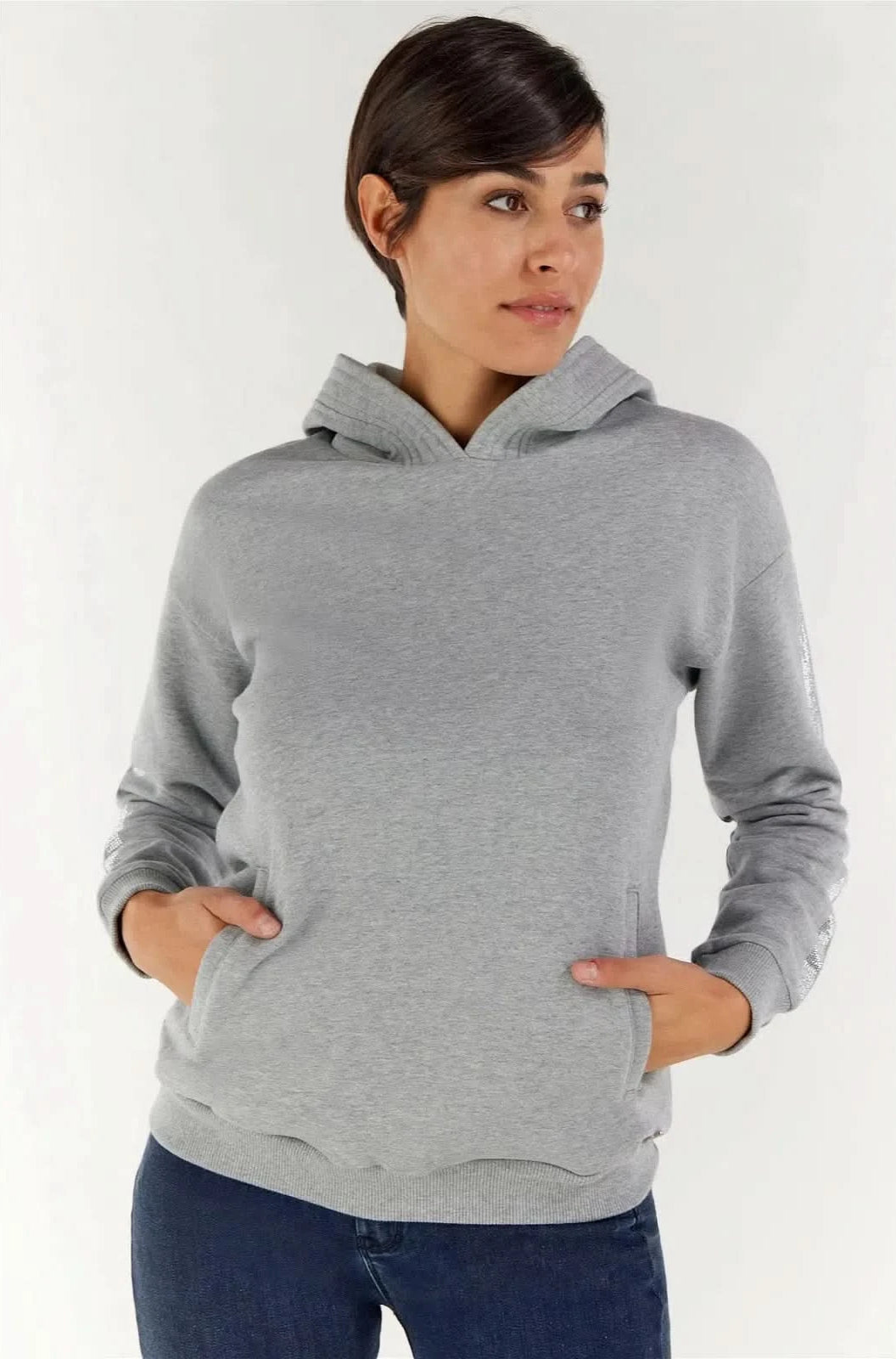 Hoodie with Rhinestone bands - Melange Grey