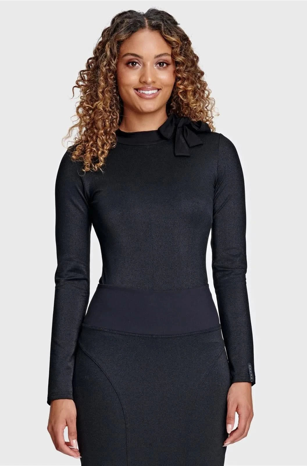 Long Sleeve Bodysuit With Bow Detailing - Black Lurex