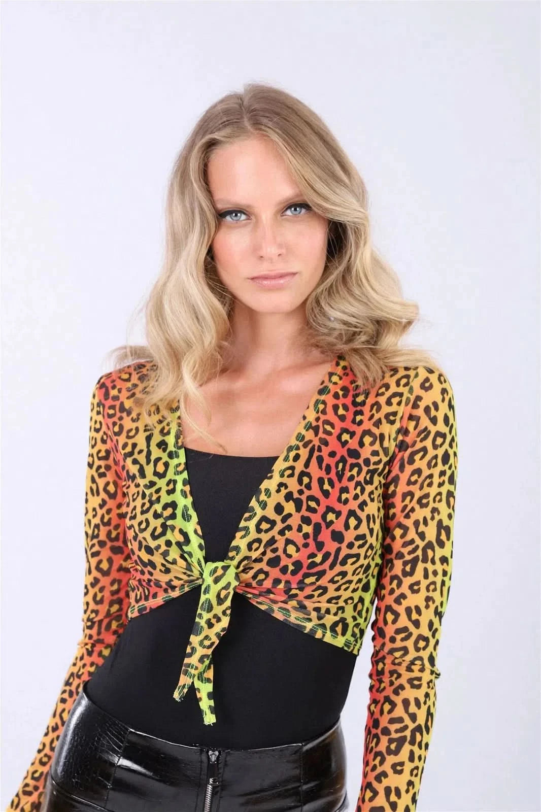 Long Sleeve Crop Top - Fluoro Leopard 2