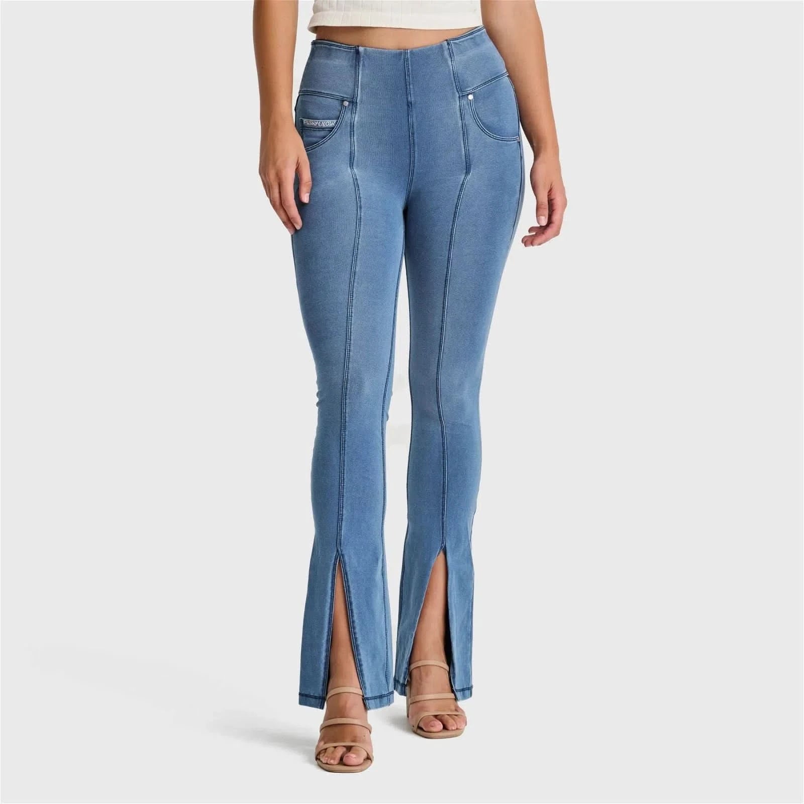 N.O.W® Denim High Waisted 7 8 Flare Light Blue + Blue Stitching