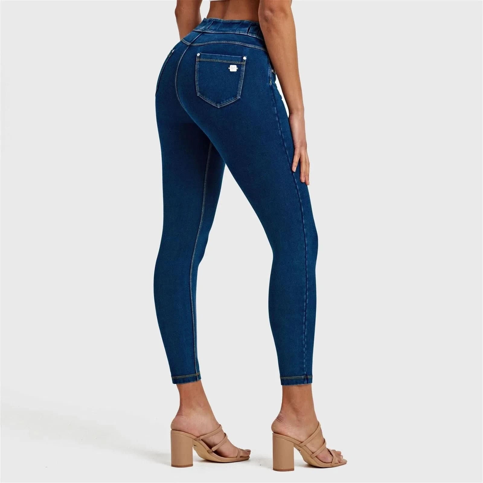 N.O.W® Denim High Waisted 7 8 Length Dark Blue + Yellow Stitching