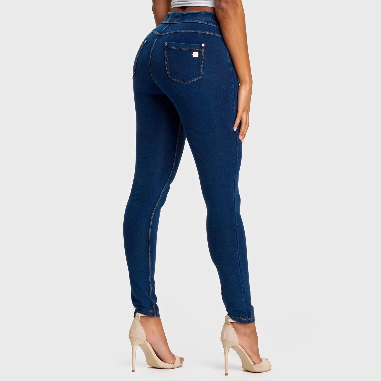 N.O.W® Denim High Waisted Full Length Dark Blue + Yellow Stitching