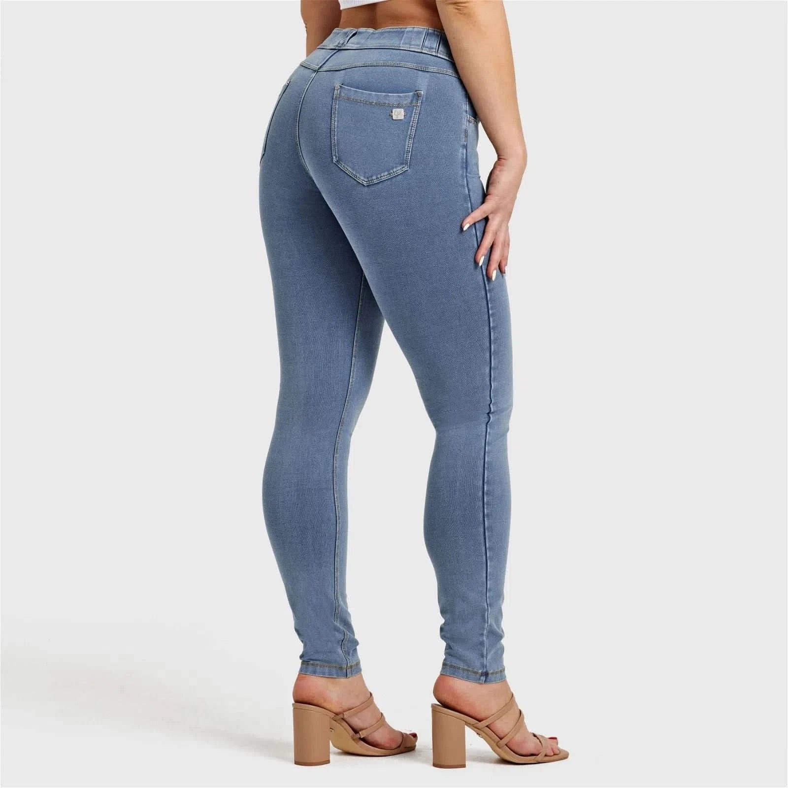 N.O.W® Denim High Waisted Full Length Light Blue + Yellow Stitching