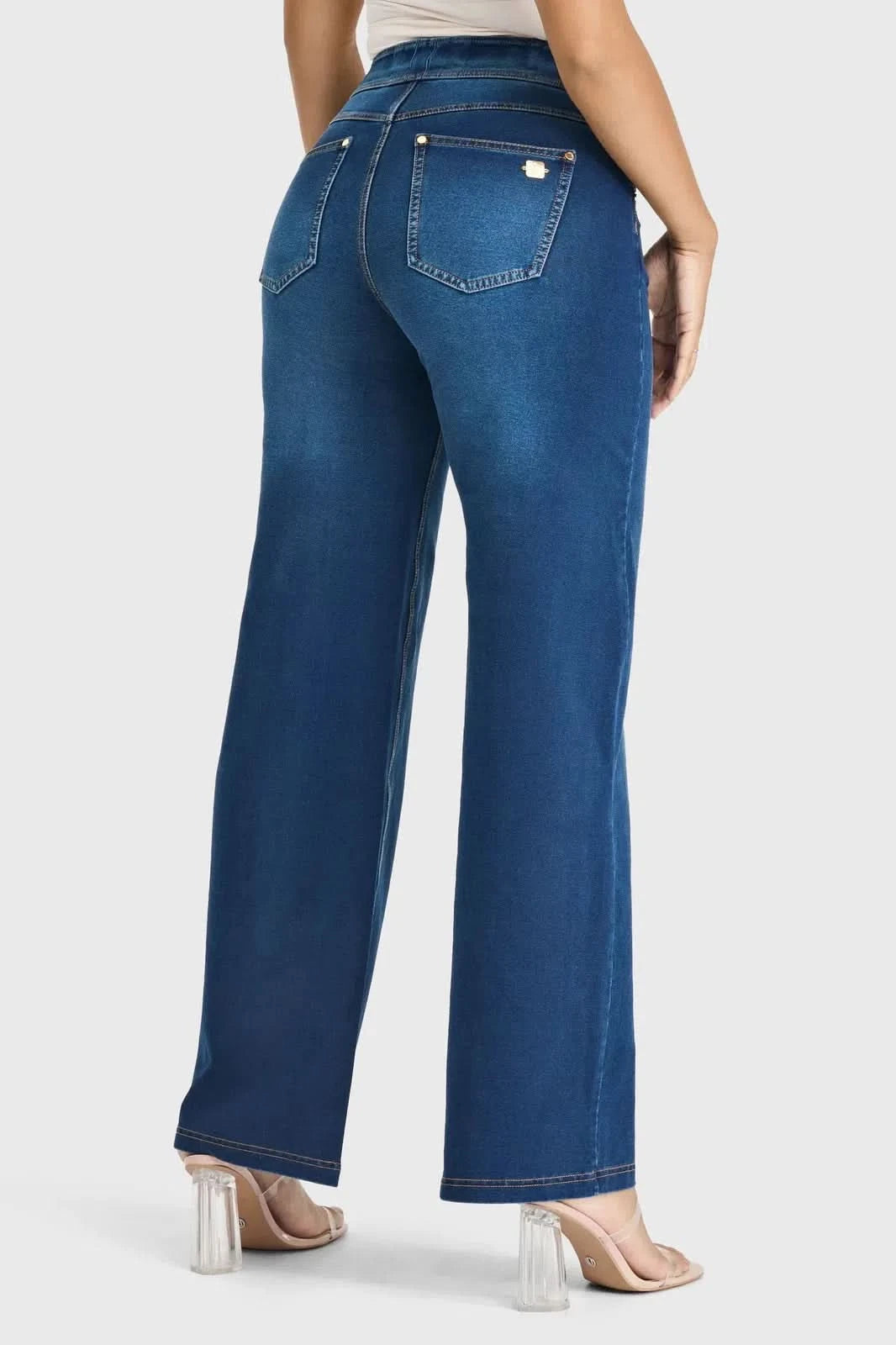 N.O.W® Denim Limited Edition High Waisted Wide Leg Dark Blue + Yellow Stitching