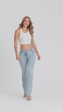 WRUP SNUG Jeans - 2 Button High Waisted - Bootcut - Light Blue + Yellow Stitching