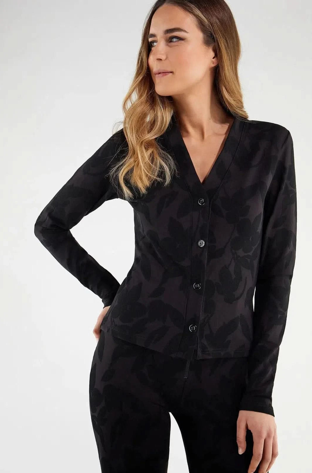 Stretch cardigan in floral print jacquard - Black