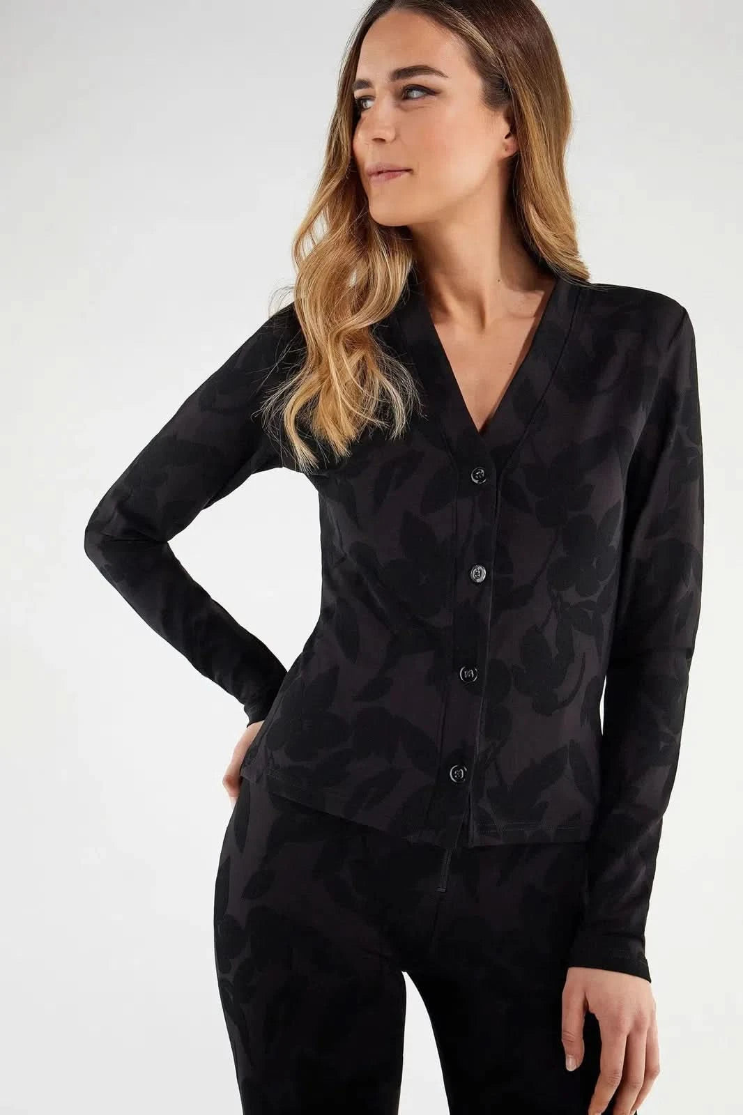 Stretch cardigan in floral print jacquard - Black 1