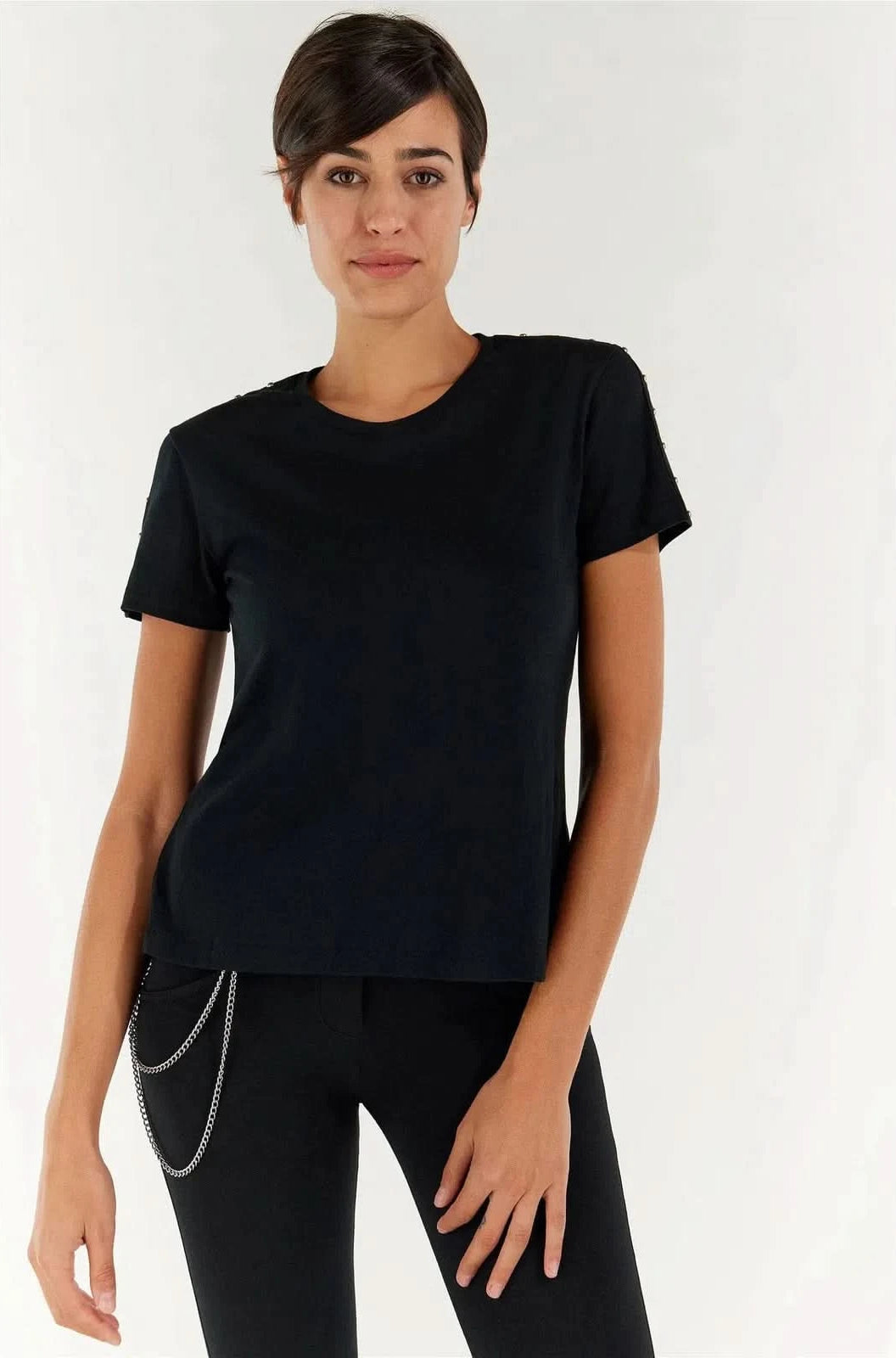 T Shirt with Shoulder Studs - Black