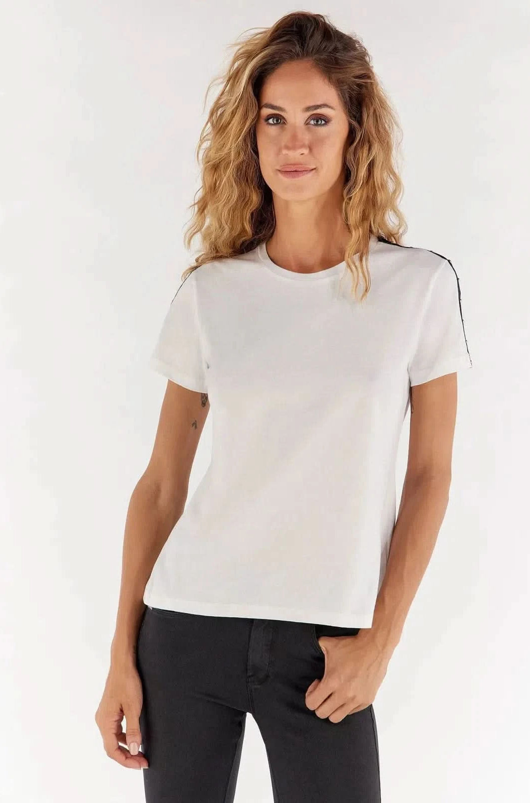 T Shirt with Shoulder Studs - White