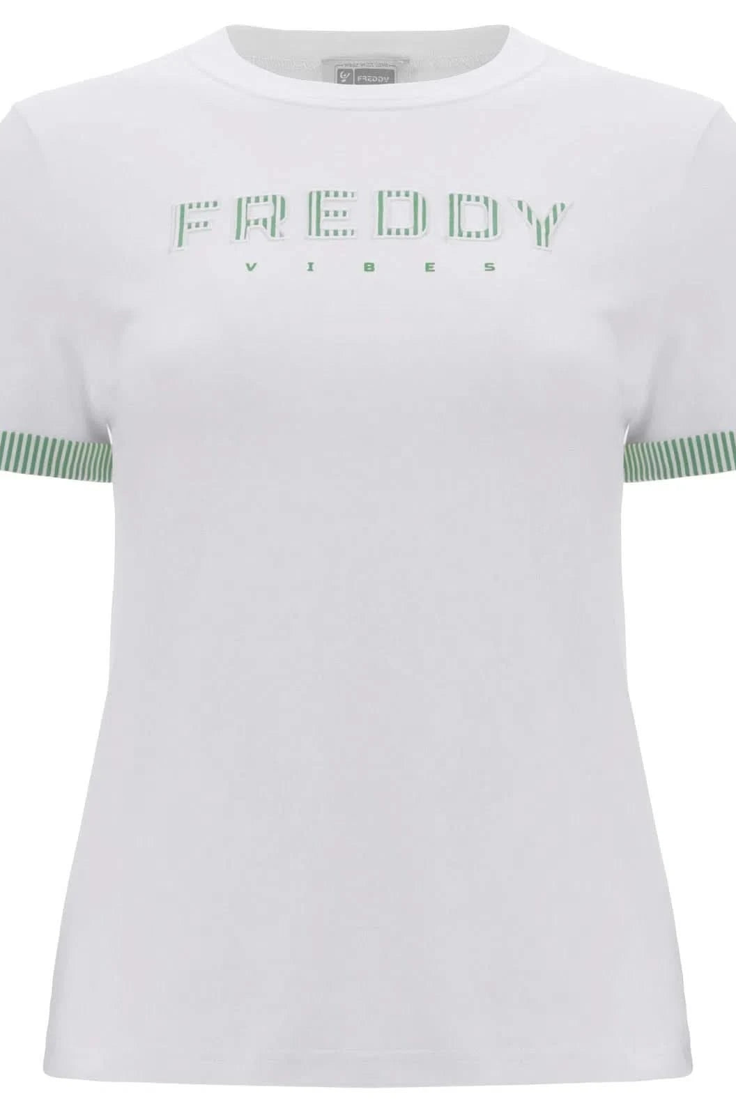 T Shirt with Striped Trim - White + Green