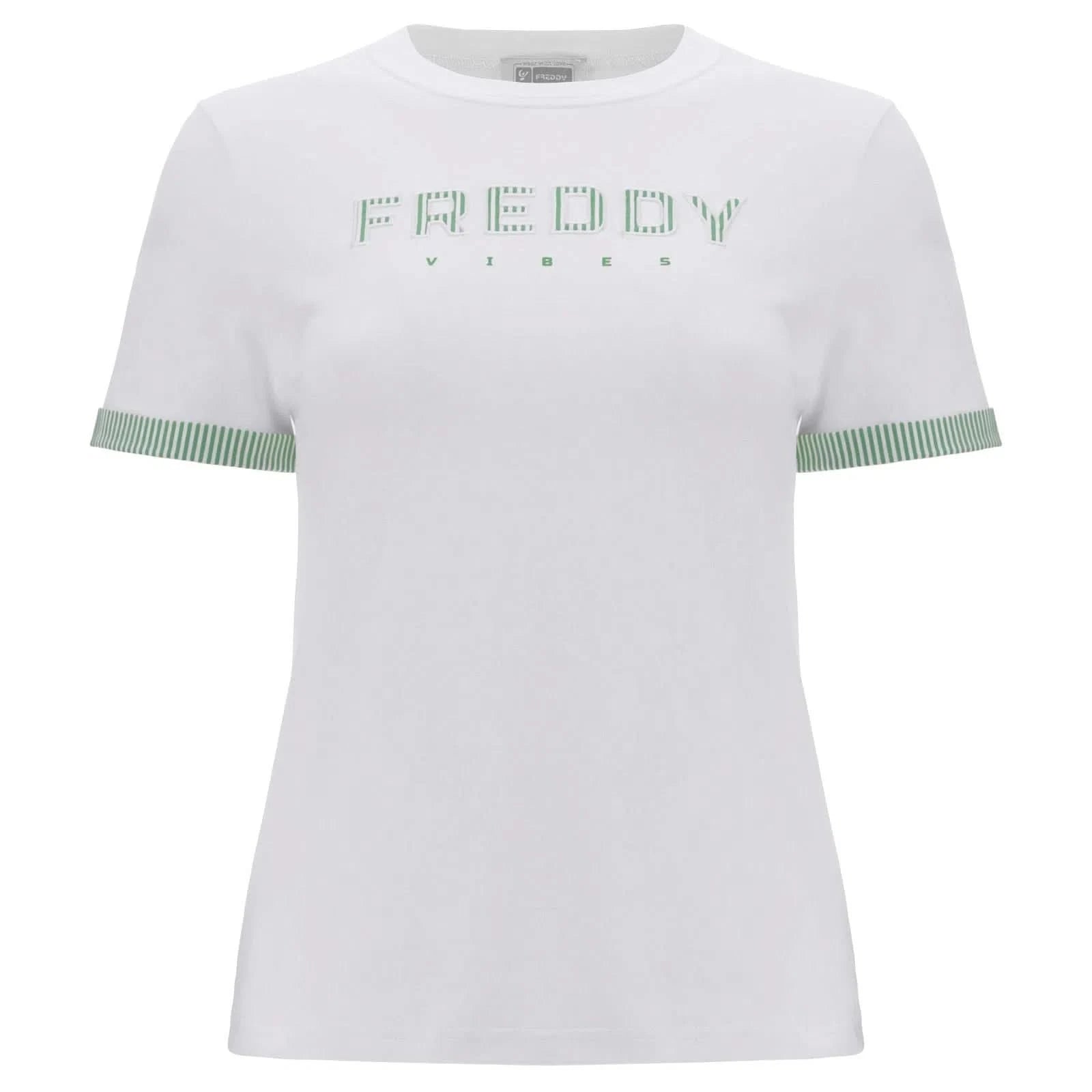 T Shirt with Striped Trim - White + Green 1