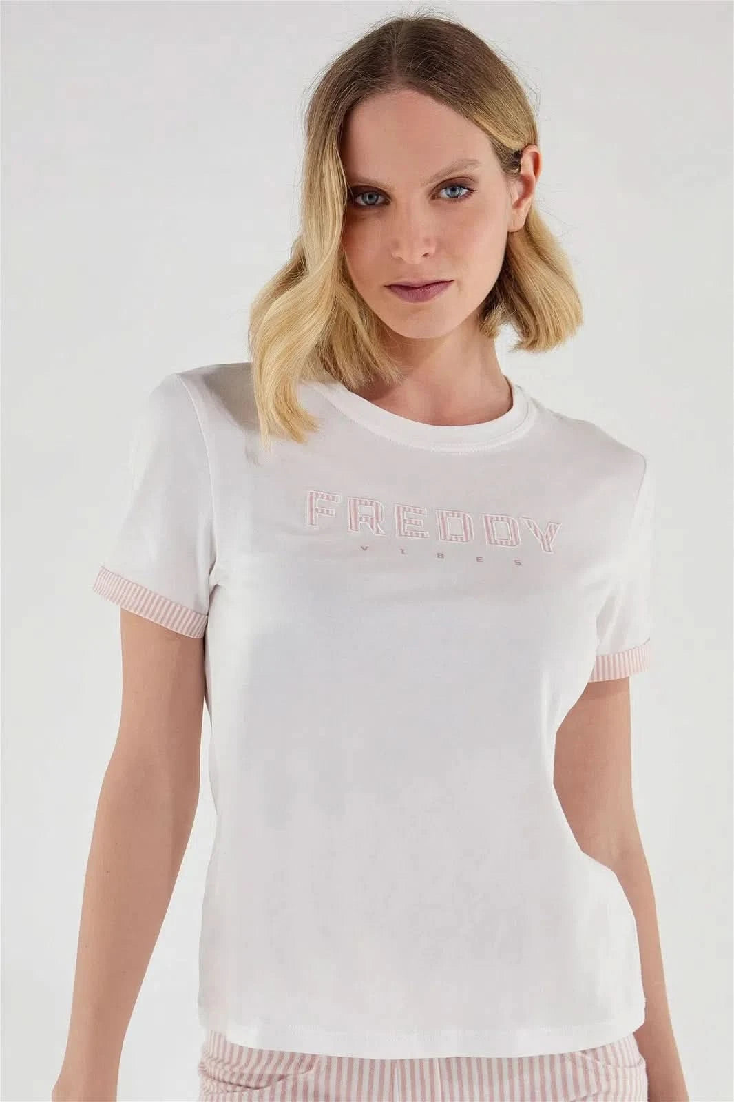 T Shirt with Striped Trim - White + Pink 2