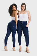 WRUP Cargo Denim - High Waisted - 7/8 Length - Dark Blue + Blue Stitching
