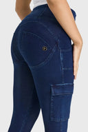 WRUP Cargo Denim - High Waisted - 7/8 Length - Dark Blue + Blue Stitching