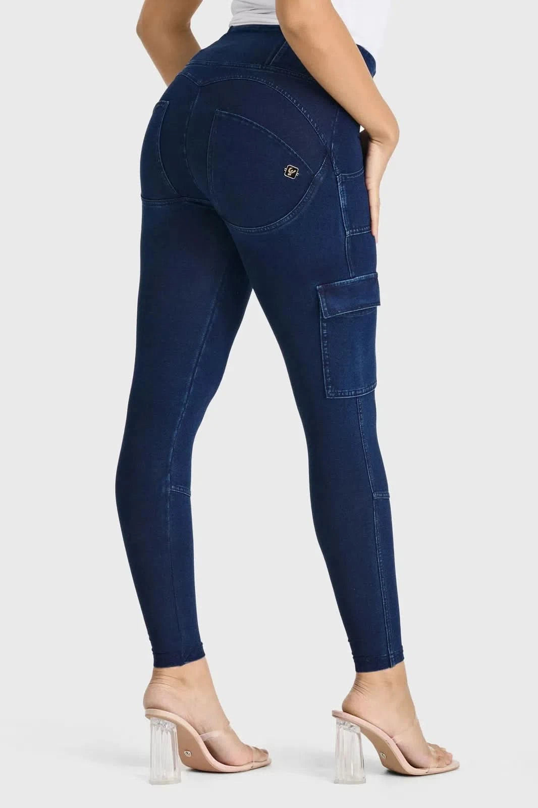 WRUP Cargo Denim High Waisted 7 8 Length Dark Blue + Blue Stitching
