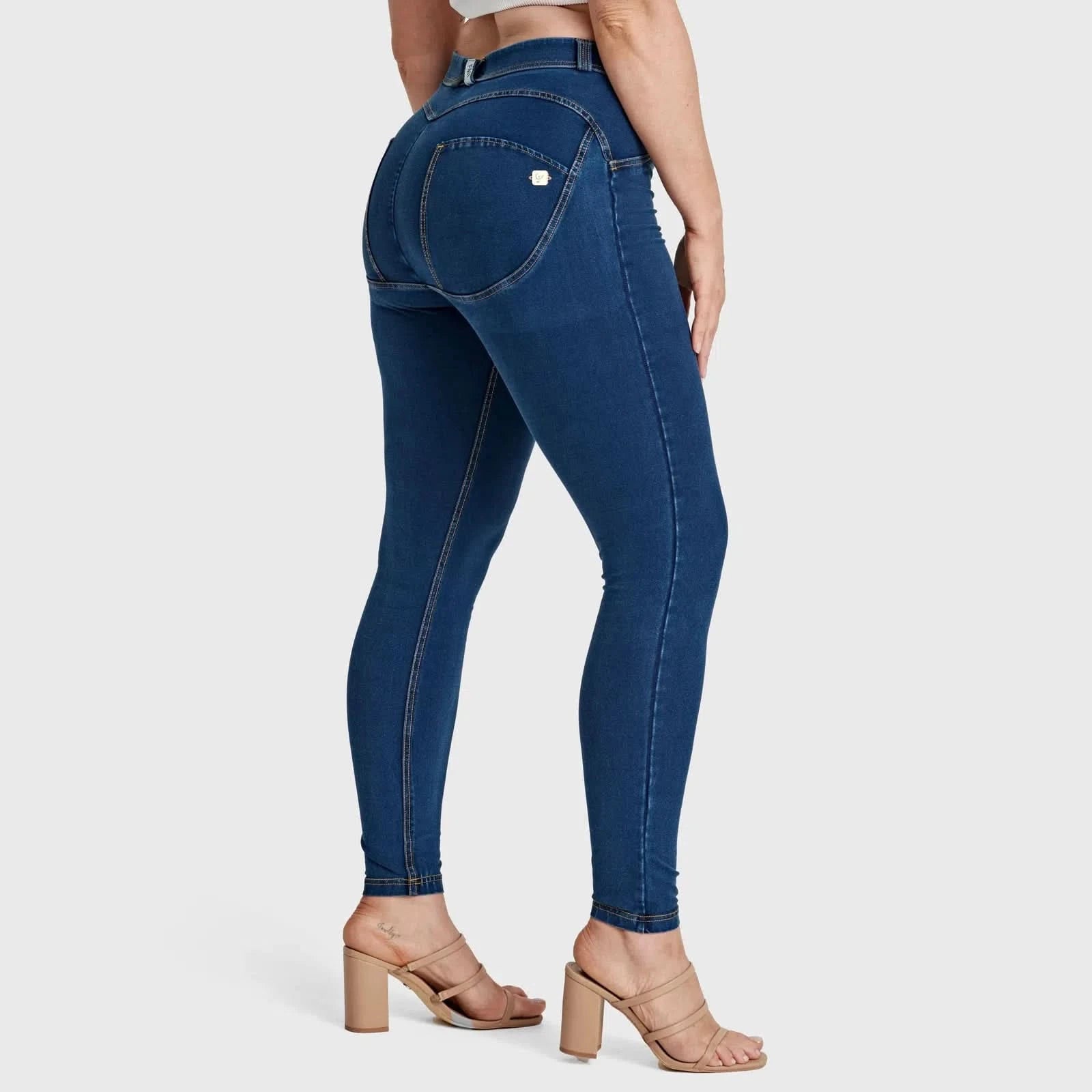 WRUP Curvy Denim High Waisted Full Length Dark Blue + Yellow Stitching
