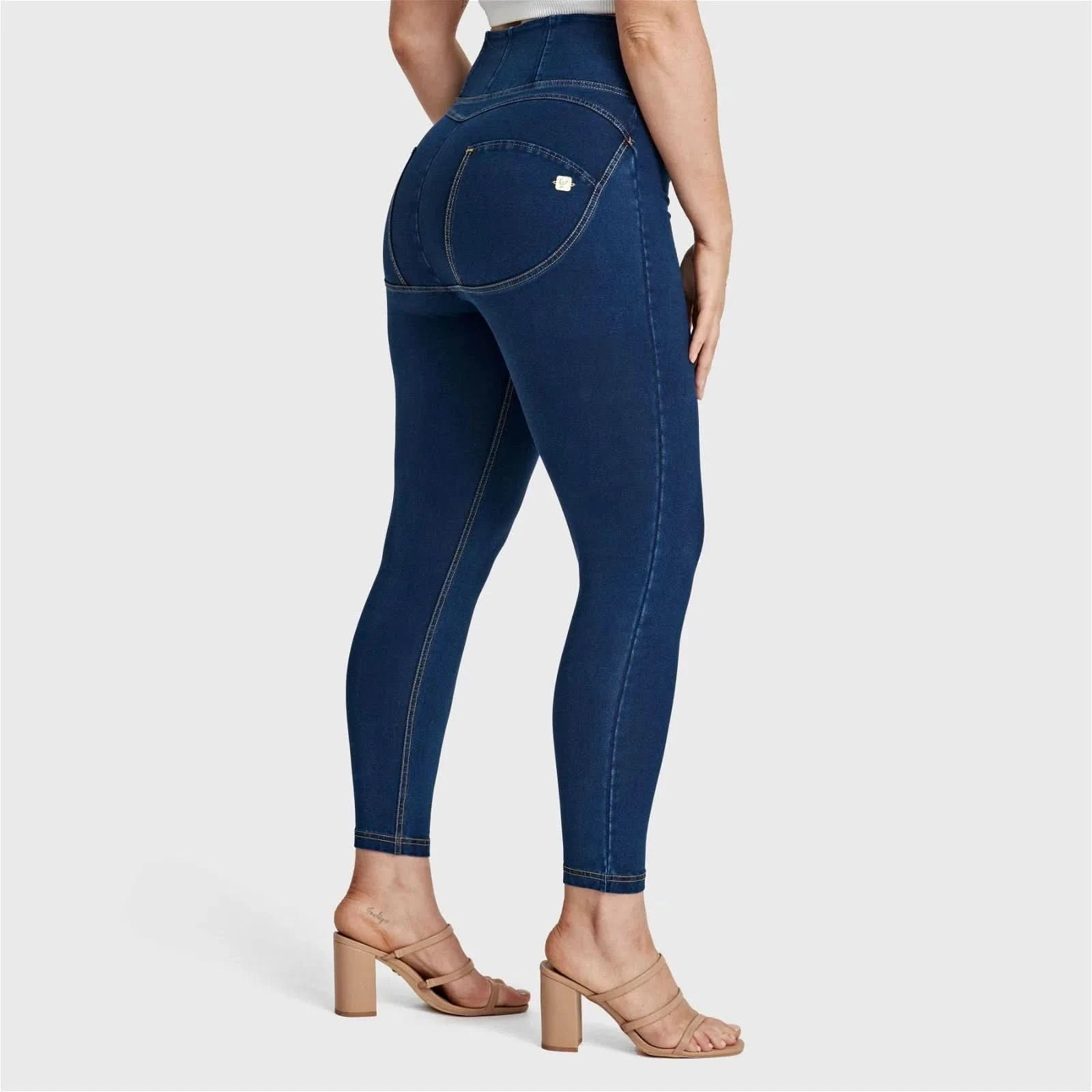 WRUP Curvy Denim Zip High Waisted 7 8 Length Dark Blue + Yellow Stitching