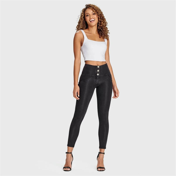 WRUP Denim - 3 Button High Waisted - 7/8 Length - Black + Black Stitching