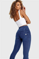 WRUP Denim - 3 Button High Waisted - 7/8 Length - Dark Blue + Blue Stitching