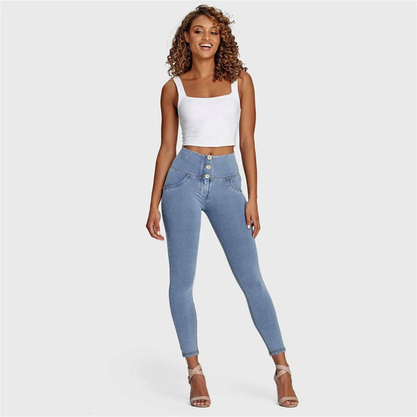WRUP Denim - 3 Button High Waisted - 7/8 Length - Light Blue + Yellow Stitching
