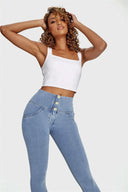 WRUP Denim - 3 Button High Waisted - 7/8 Length - Light Blue + Yellow Stitching