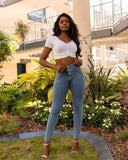 WRUP Denim - 3 Button High Waisted - 7/8 Length - Light Blue + Yellow Stitching
