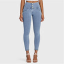 WRUP Denim - 3 Button High Waisted - 7/8 Length - Light Blue + Yellow Stitching