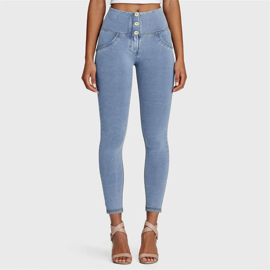 WRUP Denim - 3 Button High Waisted - 7/8 Length - Light Blue + Yellow Stitching