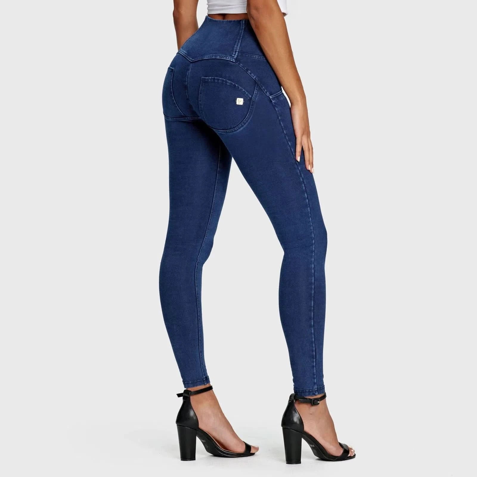 WRUP Denim 3 Button High Waisted Full Length Dark Blue + Blue Stitching