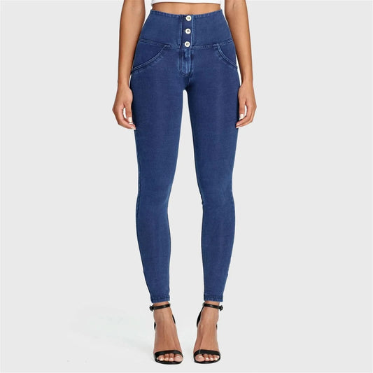 WRUP Denim - 3 Button High Waisted - Full Length - Dark Blue + Blue Stitching