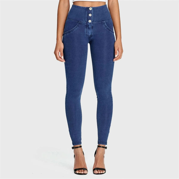 WRUP Denim - 3 Button High Waisted - Full Length - Dark Blue + Blue Stitching