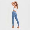 WRUP Denim - 3 Button High Waisted - Full Length - Light Blue + Blue Stitching