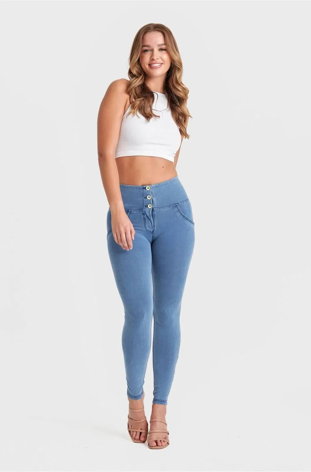 WR.UP® Denim - 3 Button High Waisted - Full Length - Light Blue + Blue Stitching