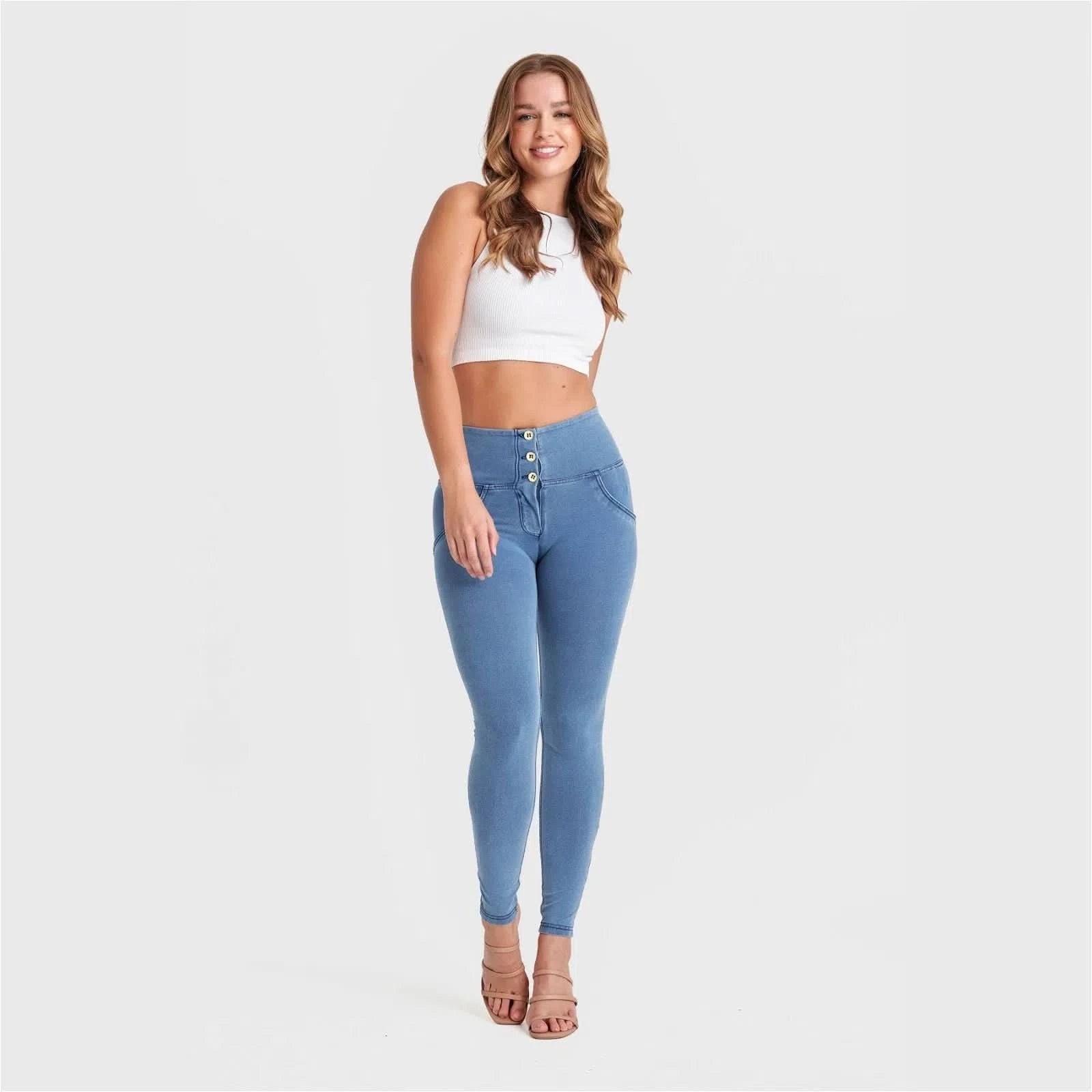 WRUP Denim 3 Button High Waisted Full Length Light Blue + Blue Stitching