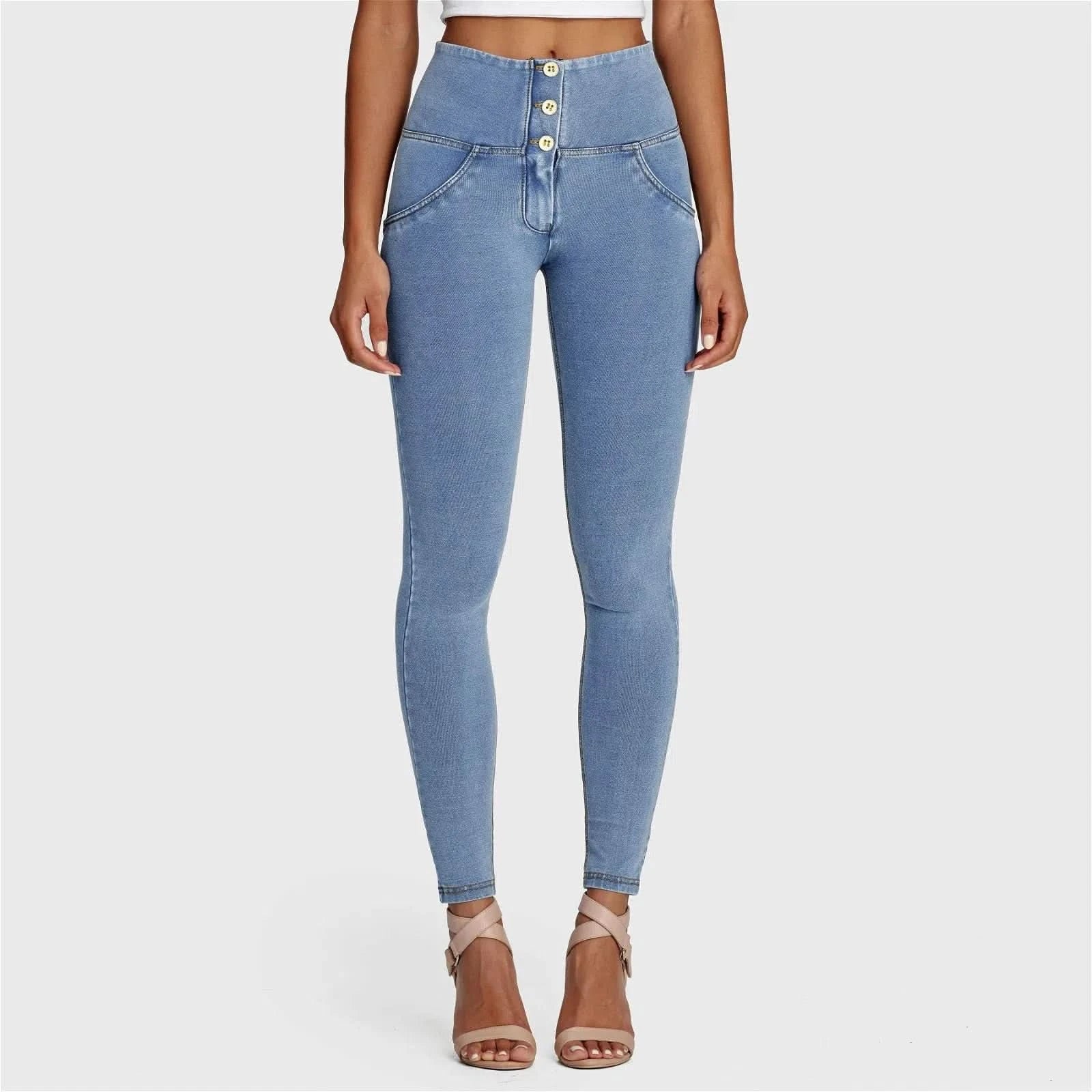 WRUP Denim 3 Button High Waisted Full Length Light Blue + Yellow Stitching