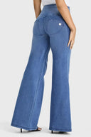 WRUP Denim - 3 Button High Waisted - Palazzo Flare - Light Blue + Blue Stitching